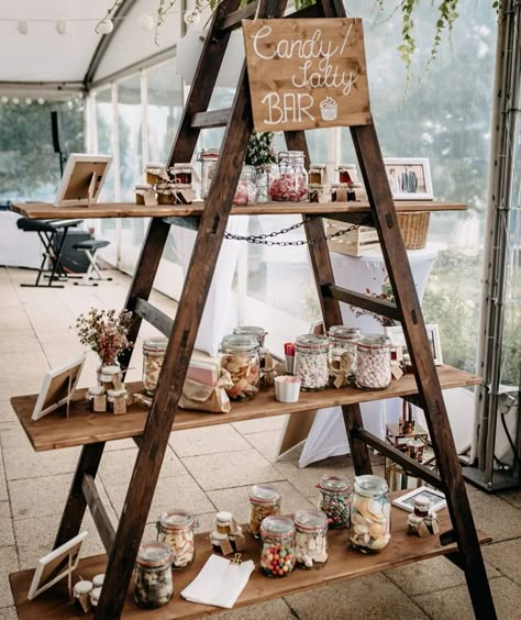 𝙳𝚎𝚛 𝙳𝚎𝚔𝚘-𝙾𝚗𝚔𝚎𝚕 | . @steffie_airheart @kathrinmerz_fotografie . #candybar #sweettable #dekomieten #dekoverleih #hochzeit #wedding #weddingvibes... | Instagram Candy Bar Ideas For Wedding, Candybar Diy, Ladder Wedding, Wedding Crates, Diy Candy Bar, Wedding Candy Bar, Candy Bar Wedding, Cute Presents, Wedding Candy