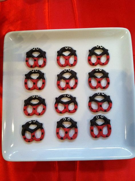 Julianne's First Birthday | CatchMyParty.com Ladybug Pretzels, Ladybug Birthday Party Ideas, Decorated Pretzels, Miraculous Ladybug Party, Ladybug Baby Shower, Bug Party, Ladybug Birthday Party, Ladybug Theme, Covered Pretzels