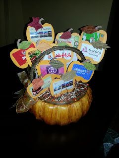 Debbie's Scrappy Spot: Fall Festival Pumpkin Gift Card Basket for fall festival Fundraising Baskets, Purse Bingo, Basket Themes, Crab Feed, Gift Card Basket, Thanksgiving Baskets, Chinese Auction, Fundraiser Baskets, Raffle Ideas