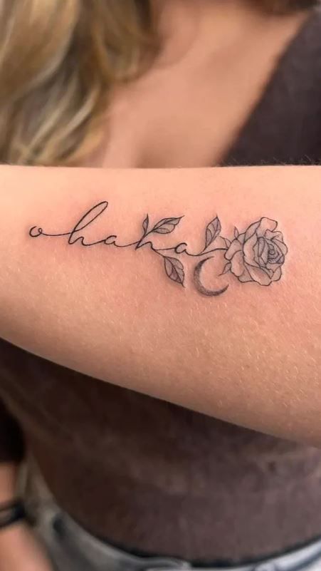 Small Ohana Tattoo Ideas Simple, Cute Ohana Tattoos, Ohana Ankle Tattoo, Meaningful Hawaiian Tattoos, Ohana Matching Tattoos, Ohana Tattoos For Women, Ohana Flower Tattoo, Tattoos That Mean Family, Ohana Wrist Tattoo