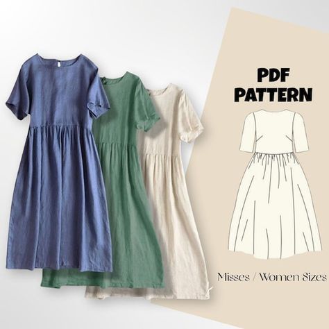 Free Downloadable Dress Patterns, Modest Summer Dresses Casual Simple, Easy Sewing Patterns Dresses, Sewing Modest Dresses, House Dress Sewing Pattern, Cotton Sewing Patterns, Women’s Dress Patterns, Cotton Gathered Skirt, Free Cottagecore Sewing Patterns