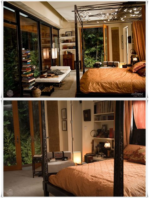 Yes, this is Edward's bedroom in the Twilight movies. No, I do not care. Everything about it is awesome... the floor-to-ceiling windows, the orante 4 poster bed, the french doors, the recessed/drop ceiling. Cullen House, Twilight House, Twilight Dr, Twilight Aesthetic, I Do Not Care, Deco Studio, Twilight Movie, Breaking Dawn, Edward Cullen