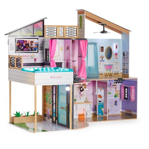 The American Girl® x KidKraft® Luxury Dollhouse for 18-inch Dolls is a tri-level layout featuring premium wood materials, 9 play areas to discover & amenities. Luxury Dollhouse, Kidkraft Dollhouse, Hogwarts Trunk, Birthday Party Accessories, American Girl Doll Furniture, Secret Storage, Luxury Amenities, Doll Beds, Play Areas