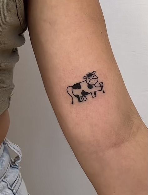 by @okey.poke Fun Little Tattoos, Simple Cow Tattoo, Tiny Cow Tattoo, Tattoo Designs Fine Line, Small Silly Tattoos, Silly Little Tattoos, Tattoo Designs Minimalist, Tattoo Designs Skull, Tattoo Designs Floral