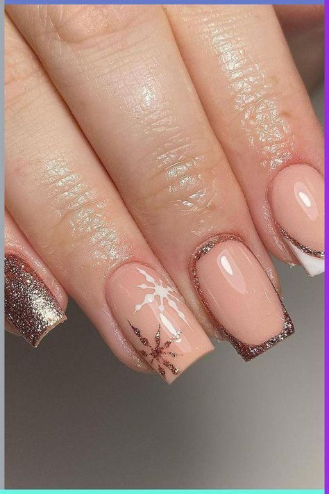 Rose Gold Christmas Nails, Snowflake Accent Nail, Gold Christmas Nails, Gold French Tips, Gold Holiday Nails, Trendy Christmas Nails, Pink Christmas Nails, Nails Festive, Holiday Nails Winter