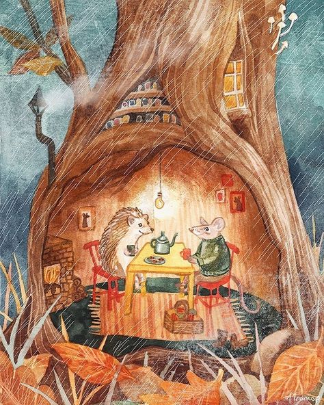 Anna Tromop på Instagram: “Rainy evenings with light thunder (light because living in Asia has given me a new definition of thunder) and hot drinks are the best 🪵🍂☕️…” Fall Postcard, Weekend Chores, Whimsical Art Prints, Tiny Animals, Storybook Art, House Illustration, House Drawing, Fairytale Art, Woodland Creatures