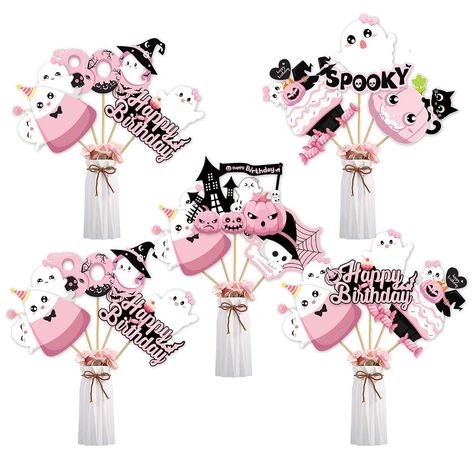 PRICES MAY VARY. Pink Halloween Birthday Party Supplies: Cute addition for girls' birthday party, highly match with Halloween theme What You Will Get: Includes 8 pink black double-printed cards in 8 different shapes, 8 wooden dowel sticks and 16 adhesive dots for easy assembly Unique & Rich Halloween Theme Elements Design: Contains cute patterns like pumpkins, ghosts, spiders web, cat, haunted house Easy to Assemble: Simply attach to wooden dowels with adhesive dots, suitable for vases or floral Pink Halloween 1st Birthday Party, Happy Halloween Birthday, Halloween Centerpieces, Pumpkin Cutouts, Spiders Web, Halloween Birthday Party, Birthday Party Centerpieces, Halloween Centerpiece, Party Centerpiece