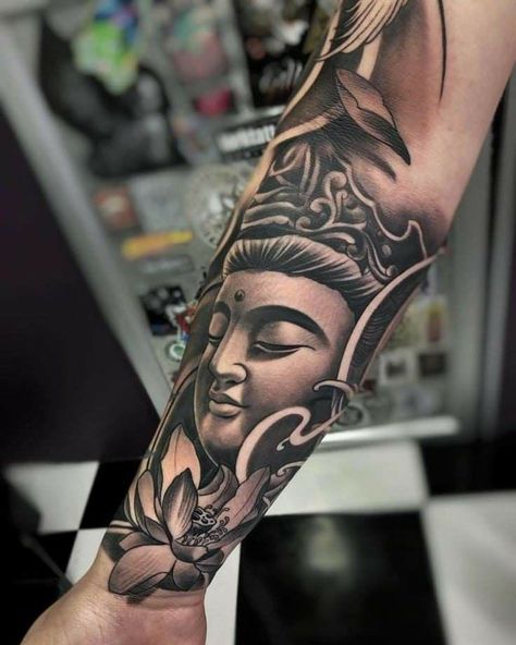 Cool Tattoos Ideas For Men, Buddah Sleeve Tattoo, Buddhist Tattoo Sleeve, Buddha Tattoo Sleeve, Buda Tattoo, Iphone Wallpaper Ideas, Buddha Wallpapers, Samurai Tattoo Sleeve, Designer Tattoo