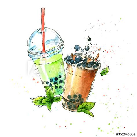 Graphic Design Portfolio Print, Leaves Watercolor, Food Journal, Mint Leaves, Bubble Tea, Tattoos And Piercings, Watercolor Illustration, Blackberry, Stock Illustration