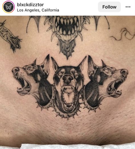 Three Headed Tattoo, Scary Dog Tattoo, Doberman Skull, Pelvis Tattoo Men, Abdomen Tattoo Men, 3 Headed Dog Tattoo, Three Headed Dog Tattoo, Men Stomach Tattoos, Cerebus Dog Tattoo