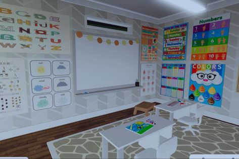 Bloxburg Day Care Decal Codes, Bloxburg Homeschool Room Ideas, Bloxburg Kindergarten Ideas, Art Classroom Bloxburg, Bloxburg Preschool Ideas, Bloxburg Daycare Interior, Bloxburg Kindergarten Decal Codes, Bloxburg Homeschool Room, Bloxburg Classroom Ideas Aesthetic