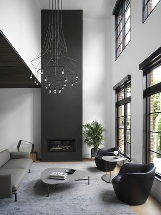 Decorating high living room ceiling High Ceiling Living Room Modern, Kitchen Nook Decor, Dark Accent Walls, Living Room New York, Number Decor, High Ceiling Living Room, Nook Decor, Accent Walls In Living Room, Hair Raising