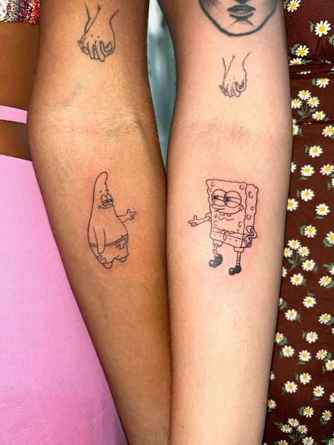 Matching Tattoos For Guys Best Friends, Crazy Matching Tattoos, Spongebob Friendship Tattoo, Tattoo For Sisters Matching, Sponge Bob And Patrick Tattoos, Matching Sister Tattoos Funny, Tattoo For Bff, Matching Tattoos Spongebob, Bro Tattoos Friends