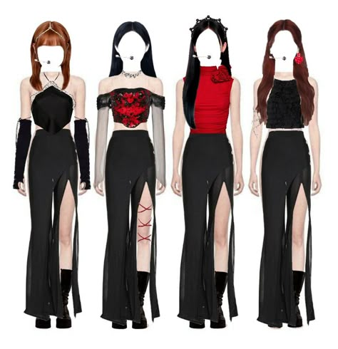 Red Black Stage Outfit, Nxde G-idle Outfit Inspired, Xg Outfits, Red Black Outfit, Friends Clothing, Red And Black Outfits, Vampire Clothes, Idol Outfit, Kpop Concert Outfit