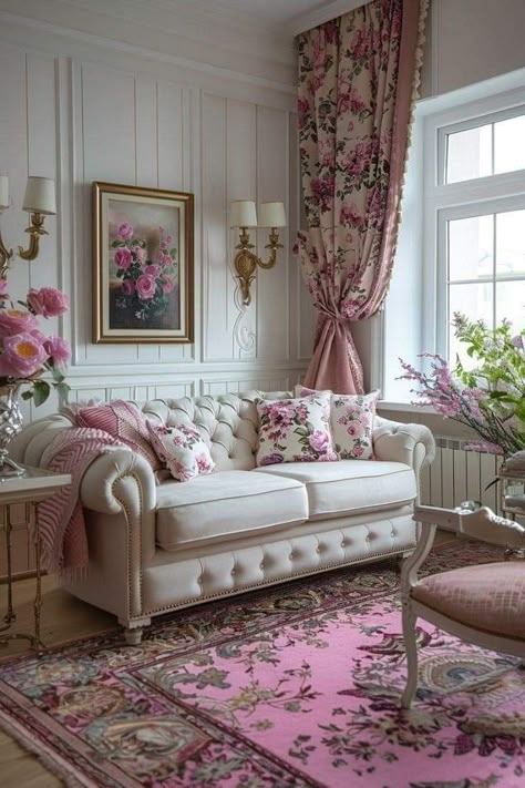 Spring Living Room, Classy Living Room, Elegant Living Room Decor, Pink Living Room, Shabby Chic Interiors, Casa Vintage, Vintage Living Room, Shabby Chic Homes, Home Decor Furniture