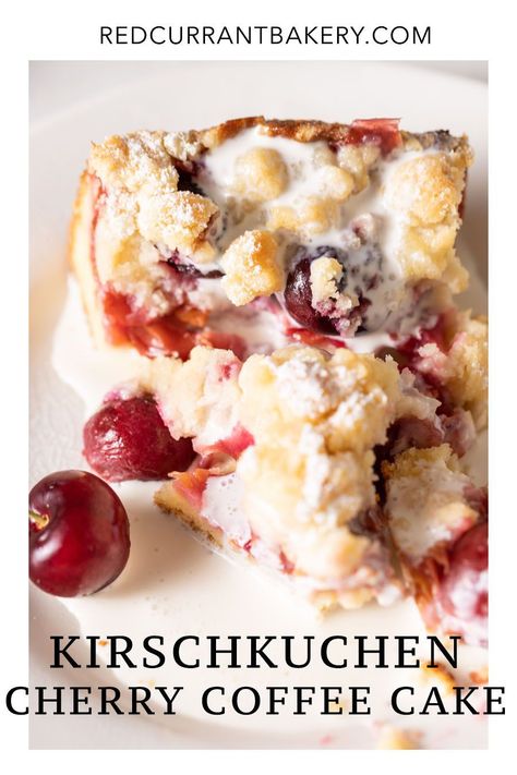 A moist and tender Cherry Coffee Cake, or Kirschkuchen, with a thick crumb topping and a combination of fresh and canned cherry filling. German Sour Cherry Cake, German Cherry Kuchen, German Cherry Cake, Cherry Pecan Cake, Fall Cherry Desserts, Cherry Recipes With Fresh Cherries, Bing Cherry Recipes, Cherry Coffee Cake Recipes, Recipes With Fresh Cherries