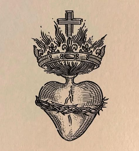 Vintage Alchemy Illustration, Sacred Heart Etching, Etching Style Tattoo, Medieval Woodcut Tattoo, Medieval Engraving, Victorian Style Tattoos, Medieval Etching, Woodcut Tattoo, Sacred Heart Tattoos