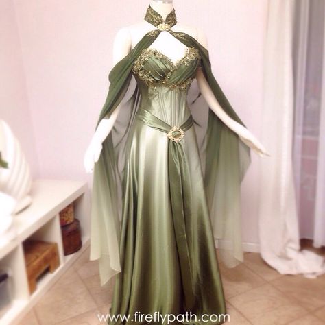 Halloween Elven Gown, Firefly Path, Green Ball Gown, Elven Dress, Elf Dress, Maid Marian, Fantasy Clothes, Fantasy Dresses, Green Gown