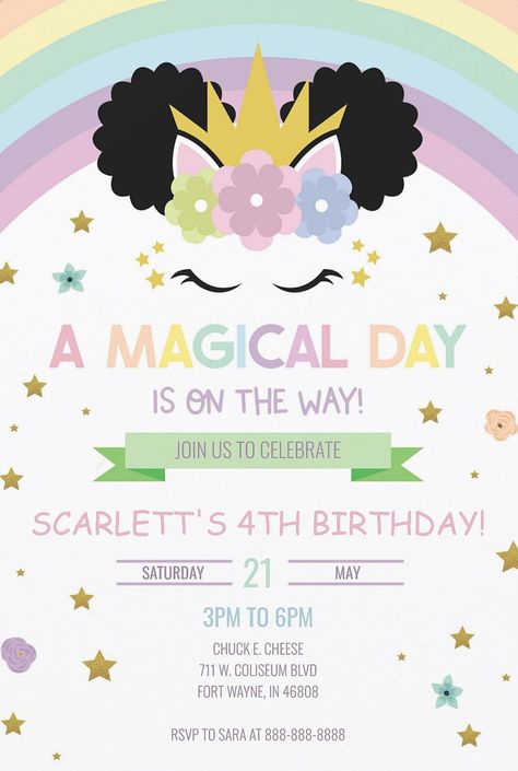 Cute afro puff unicorn and rainbow birthday party invitations. Girls' birthday party invites featuring magical unicorn theme. afflink Unicorn And Rainbow Birthday Party, Rainbow Birthday Party Invitations, Cute Afro, Unicorn And Rainbow, Disney Princess Birthday Party, Rainbow Birthday Invitations, Disney Birthday Cakes, Princess Birthday Invitations, Girl Birthday Party Invitations