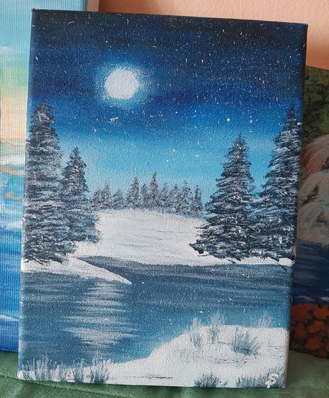 Snow Night Painting, Christmas Drawing Ideas Easy Canvas Paintings, Winter Forest Painting Easy, Winter Acrylic Paintings Step By Step, Cute Winter Paintings, Winter Painting Ideas Acrylic, Winter Easy Painting, Winter Aesthetic Painting, Snow Art Drawing