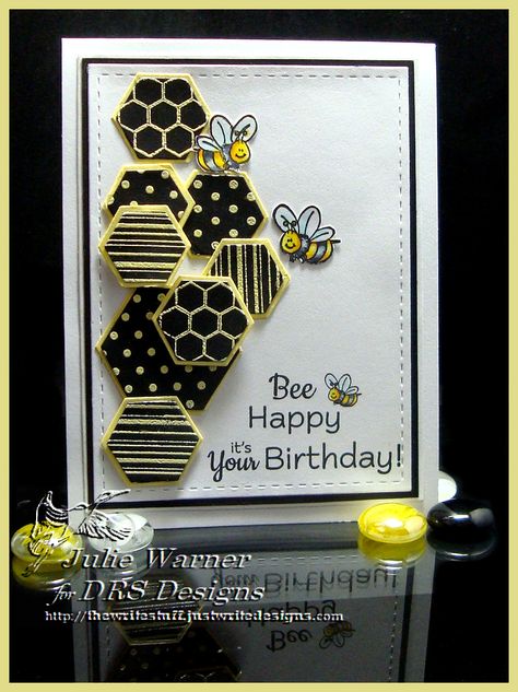 Cards With Bees On Them, Bee Stamp, Bee Birthday Cards, Hexagon Cards, Honey Bee Stamps, Golden Honey, Bee Cards, Embossing Powder, Black Card