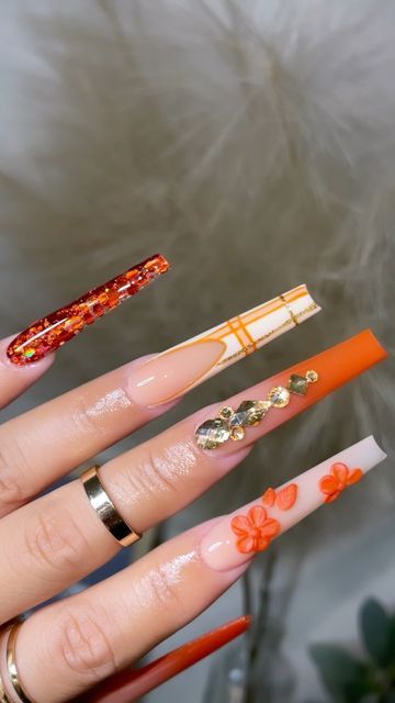 Coffin Tips, Coat Elegant, Plaid Nails, Baddie Nails, Fall Nail Art, Brown Nails, Acrylic Nails Coffin, Orange Nails, Coffin Nails Designs