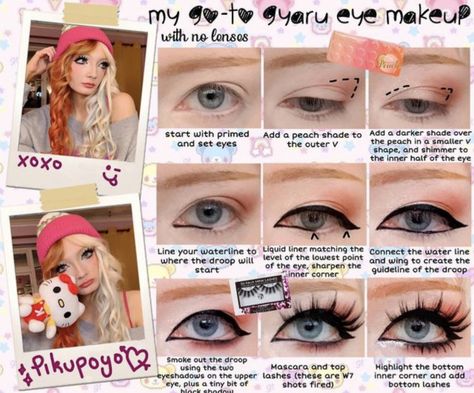 🌺CiaraTheGyaru🌺 on Tumblr Rokku Gyaru Makeup Tutorial, Rokku Gyaru Aesthetic, Tsuyome Gyaru Makeup, Rokku Gyaru Makeup, Lala Makeup, Gyaru Substyles, Goth Kidcore, Kawaii Makeup Tutorial, Rokku Gyaru