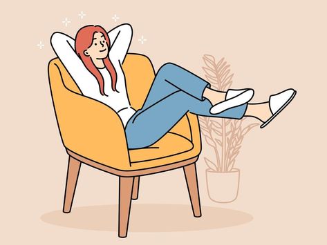 Happy girl sit in chair relaxing on weekend. Smiling young woman rest in armchair at home on leisure. Relaxation concept. Vector illustration. Resting Illustration, Rest Illustration, Ipad Good Notes, Side Profile Woman, Table Sketch, Side View Drawing, Chilling At Home, Relaxing Chair, Relaxing Art