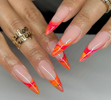 Almond Nails Designs Orange And Pink, Oval Nails Summer Designs, Summer Nails Almond Long, Drip Nails Acrylic, Long Almond Acrylic Nails Art Designs, Stiletto Nail Art Summer, Nails Stiletto Summer, 2023 Pink Nails, Complex Nail Art