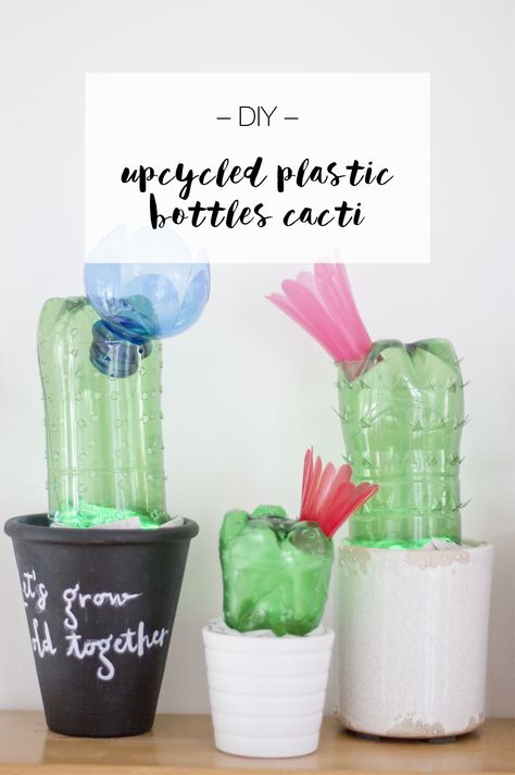 DIY upcycled plastic bottles cactus lights | LOOK WHAT I MADE ... Easy Plastic Bottle Crafts, Plastic Bottle Planter, Cactus Light, Cactus Craft, Faux Cactus, Reuse Plastic Bottles, Plastic Bottle Flowers, Plastic Bottle Art, Diy Plastic Bottle