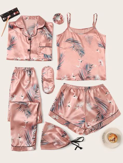 7pcs Crane & Tropical Print Satin Pajama Set | SHEIN Pijamas Women, Summer Pajama Set, Pyjama Satin, Cute Sleepwear, Cute Pajama Sets, Satin Sleepwear, Summer Pajamas, Silk Pajama Set, Shein Dress