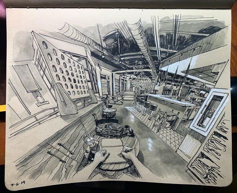 image Pov Sketch, Pov Drawing, Paul Heaston, Linear Perspective, Moleskine Sketchbook, Fineliner Pens, Architecture Drawing Art, Sketch Notes, White Gel Pen