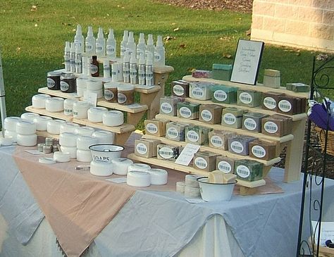 would eventually love something like this.  Very clean but requires wood worker.  layered table cloths. Diy Soap Display, Soap Booth, Market Stall Display, Vendor Booth Display, Farmers Market Display, Vendor Table, Craft Market Display, Vendor Displays, Soap Display