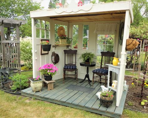 Shed Repurpose Ideas, Side Yard Storage, Cottage Garden Sheds, Garden Shed Interiors, Backyard Seating Area, Garden Nook, Backyard Seating, Backyard Sheds, Backyard Remodel