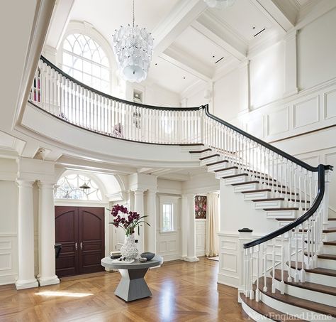 Beautiful Georgian Foyer, Preppy Pinterest, Dark Staircase, White Foyer, Boston House, White Entryway, Foyer Flooring, Houses Architecture, Villa Plan