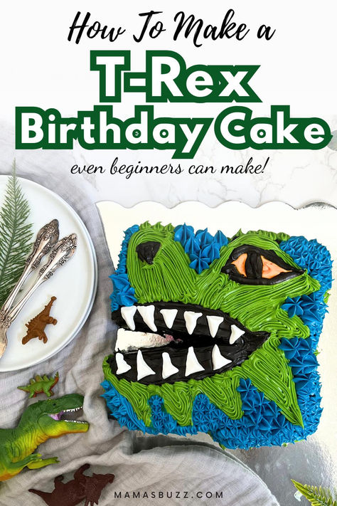 t rex cake Dinosaur Cake Tutorial, Easy Kids Birthday Cakes, Dino Birthday Cake, Kids Birthday Food, T Rex Cake, Birthday Cake Tutorial, Make A Dinosaur, Buttercream Icing Recipe, Dinosaur Birthday Cakes