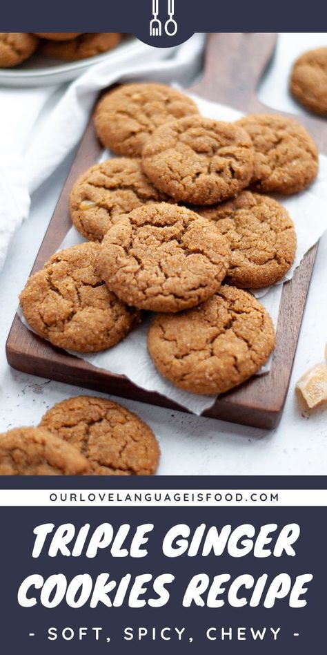 This triple ginger cookies recipe uses three types of ginger to create soft, chewy, and spicy ginger cookies. These ginger crinkle cookies are a great addition to your family's holiday baking! SAVE this post to make this recipe ASAP! #cookies #gingercookies #molassescookies #dessert Triple Ginger Cookies, Stem Ginger Cookies, Triple Ginger Cookies Recipe, Ginger Crinkle Cookies, Spicy Ginger Cookies, Cookbook Inspiration, Ginger Cookies Recipe, Soft Ginger Cookies, Chewy Ginger Cookies