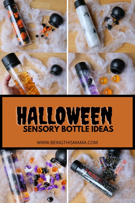 Halloween Sensory Bottles, Sensory Bottle Ideas, Sensory Tubes, Sensory Bottles Preschool, Toddler Sensory Bins, Sensory Bottle, Halloween Infantil, Halloween Sensory, Sensory Wall