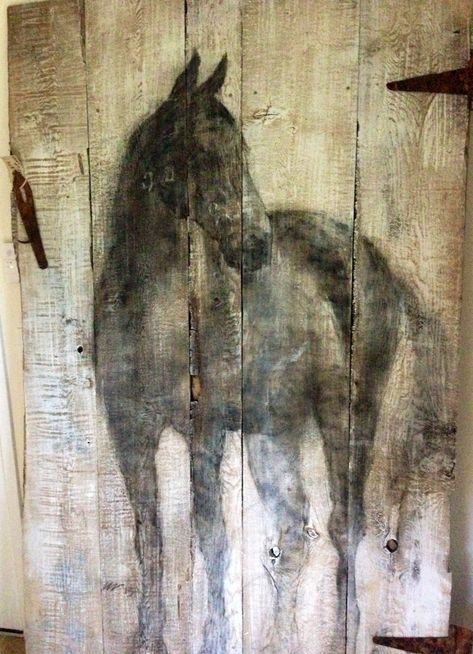 Old barn door used as a painters pallet. How beautiful is this? Painters Pallet, Old Wood Doors, Old Barn Doors, Wal Art, Pallet Painting, Horse Decor, Rustic Art, Pallet Art, Equine Art