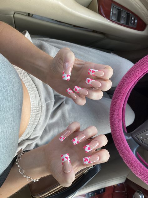 pink cow tip nails Cow Tip Nails, Pink Cow French Tip Nails, Pink Cow Print French Tip Nails, Cow Nails Acrylic Pink, Nail Ideas Cow Print Pink, Pink Cowprint Nails French Tip, Nail Designs Cow Print Pink, Pink Cow Nails, Pink Cow Print Nails