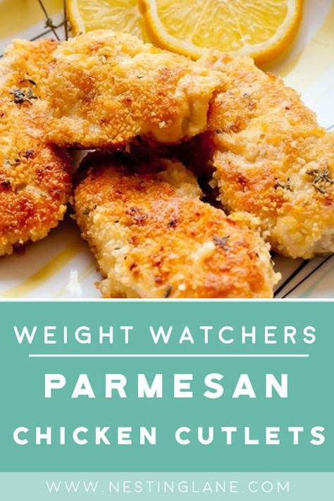 Weight Watchers Parmesan Chicken Recipe with Italian seasoned breadcrumbs, paprika, parsley, garlic powder, and pepper. A quick and easy 30 dinner idea. 2 WW Freestyle Points and 3 Smart Points #weightwatchers #chicken #dinner #recipes #healthyrecipes #wwfreestyle #lowcalorie #nestinglane Ww Blue Plan, Weight Watchers Meals Dinner, Ww Dinners, Chicken Cutlet Recipes, Weight Watchers Meal Plans, Ww Food, Weight Watcher Meals, Cutlets Recipes, Weight Watchers Chicken