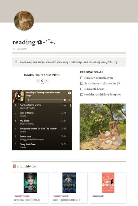 Notion For Readers, Notion Reading List Aesthetic, Microsoft Template Aesthetic, Notion Tbr Template, Notion Cottagecore Template, Notion Home Page Ideas Aesthetic, Notion Playlists, Minimalistic Notion Templates, Notion Reading Template Free