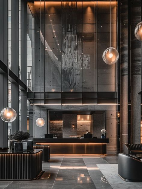 Hotel Lobby Artwork, Dark Lobby Design, Luxury Hotel Lobby Design, Industrial Hotel Lobby, Luxury Apartment Lobby, Modern Hotel Lobby Design Luxury, Lobby Interior Design Entrance, Industrial Lobby Design, Building Lobby Design