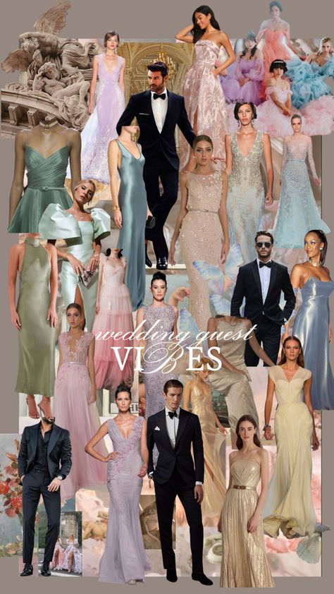 Pastel Black Tie Wedding, Wedding Guest Attire Inspiration, Colourful Black Tie Wedding, Wedding Guest Attire Mood Board, Pastel Wedding Outfit Guest, Colorful Black Tie Wedding Guest, Wedding Guest Colour Palette, Summer Wedding Black Tie, Pastel Dress Code Wedding