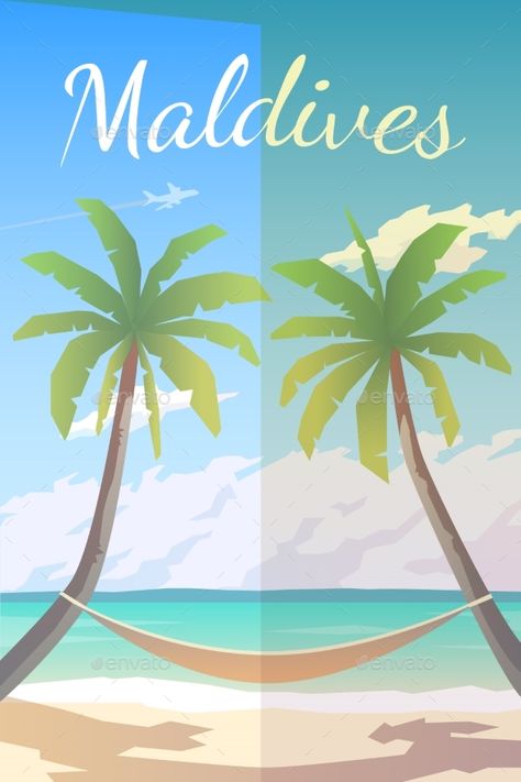 Maldives. Vector Poster. by mikalaimanyshau Vector retro poster. Maldives. Hammock between palm trees. Flat design Maldives Hammock, Vector Poster, Canvas Print Display, Old Postcards, Landscape Trees, Travel Scrapbook, All Poster, Glossy Photo Paper, Nature Design