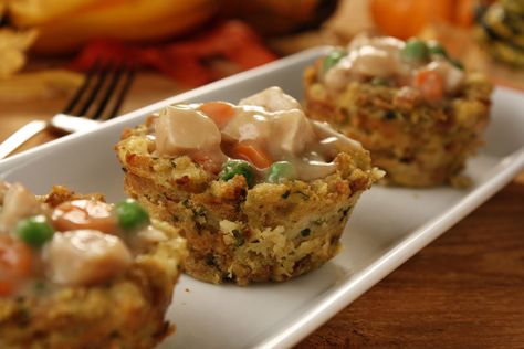 Turkey Muffin Cups | MrFood.com Turkey Muffins, Muffin Meals, Muffin Cups Recipes, Dinner Pies, Holiday Leftovers, Muffin Cup, Turkey Casserole, Turkey Pot Pie, Filling Snacks