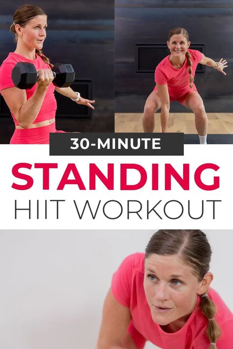 This 30-Minute HIIT Workout with Weights builds strength, burns calories and boosts metabolism, all from a standing position! Build lean muscle in the legs, glutes, arms, back, chest and core - all using just a set of dumbbells! Hiit Arm Workout, 30min Workout, 30 Min Hiit Workout, 30 Minute Hiit Workouts, Hiit Workouts With Weights, 30 Minute Hiit, Workout With Weights, Hiit Workout Videos, Standing Workout