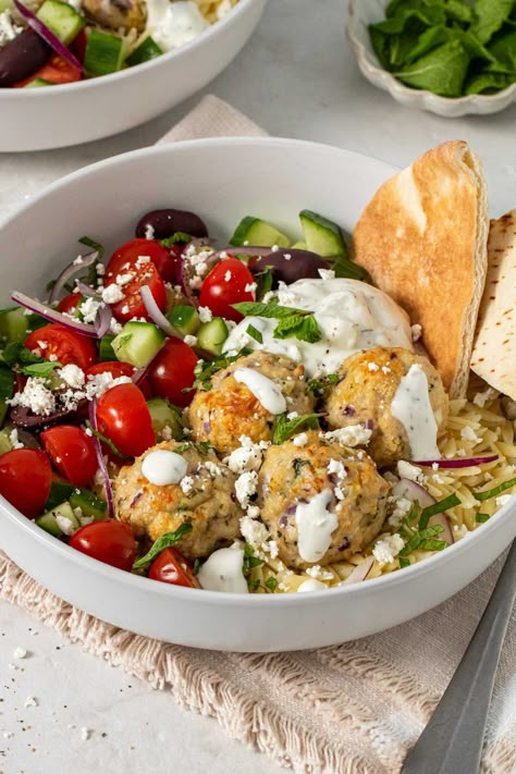 Greek Turkey Meatballs with Orzo and Tzatziki Sauce Meatball Bowls, Greek Meatballs Recipe, Kay Nutrition, Greek Turkey Meatballs, Greek Turkey, Turkey Meatball, Homemade Tzatziki Sauce, Greek Meatballs, Homemade Tzatziki