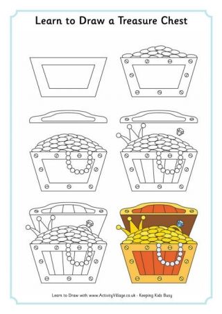 Treasure Drawing Easy, How To Draw A Treasure Chest, How To Draw A Pirate Ship Step By Step, Pirate Chest Drawing, Treasure Chest Drawing, Treasure Drawing, Pirate Treasure Chest Drawing, Treasure Map Drawing Kids, Underwater Bathroom