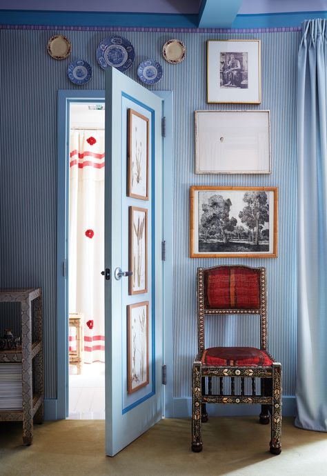 Striped Hallway, White Tips, Wall White, Gorgeous Bedrooms, Blue Room, New York Apartment, Green Chair, Striped Wallpaper, Chic Home